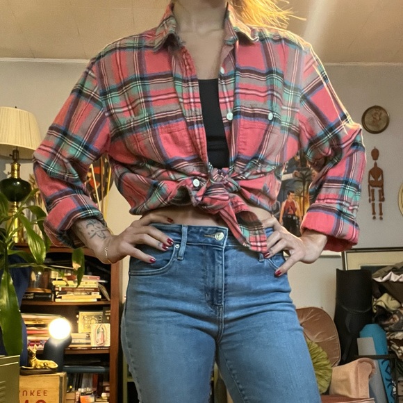 J. Crew Flannel Button Down Shirt -  Pink, Green, and Blue plaid - Picture 5 of 8